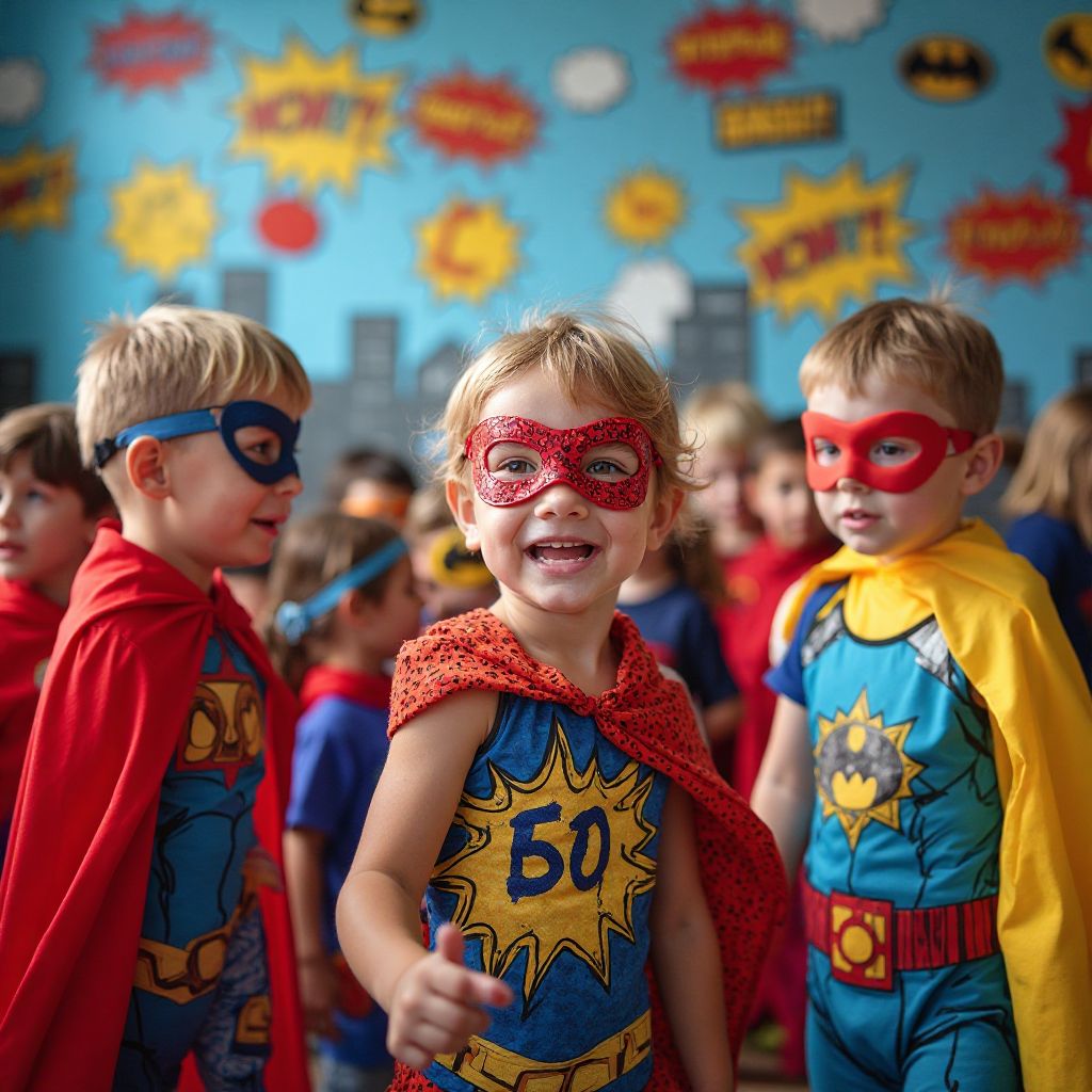 Colorful superhero themed birthday party with cape decorations and action activities