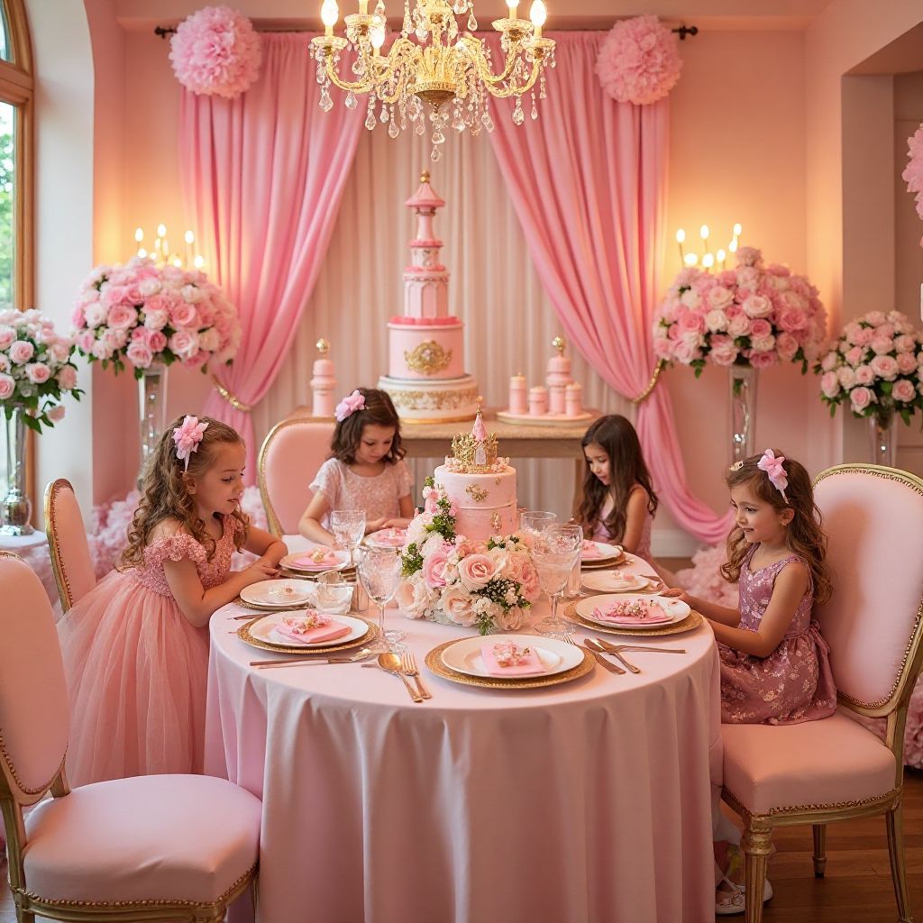 Elegant princess themed party with pink decorations and castle backdrop setup