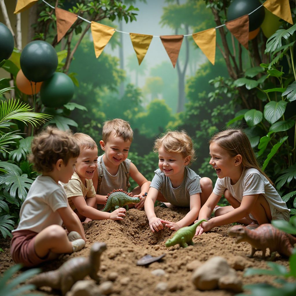 Exciting dinosaur themed party with jungle decorations and prehistoric activities for kids