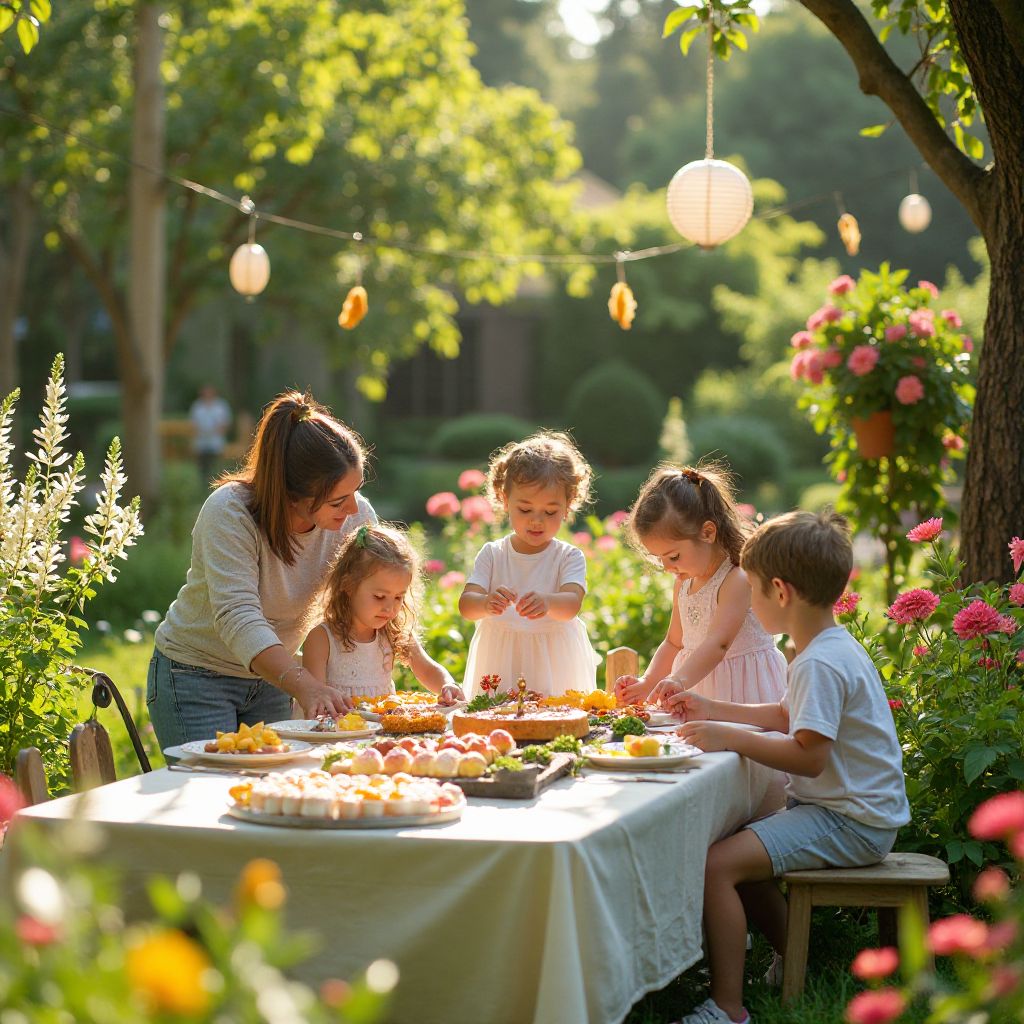 Creative outdoor garden party with nature themed activities and colorful decorations